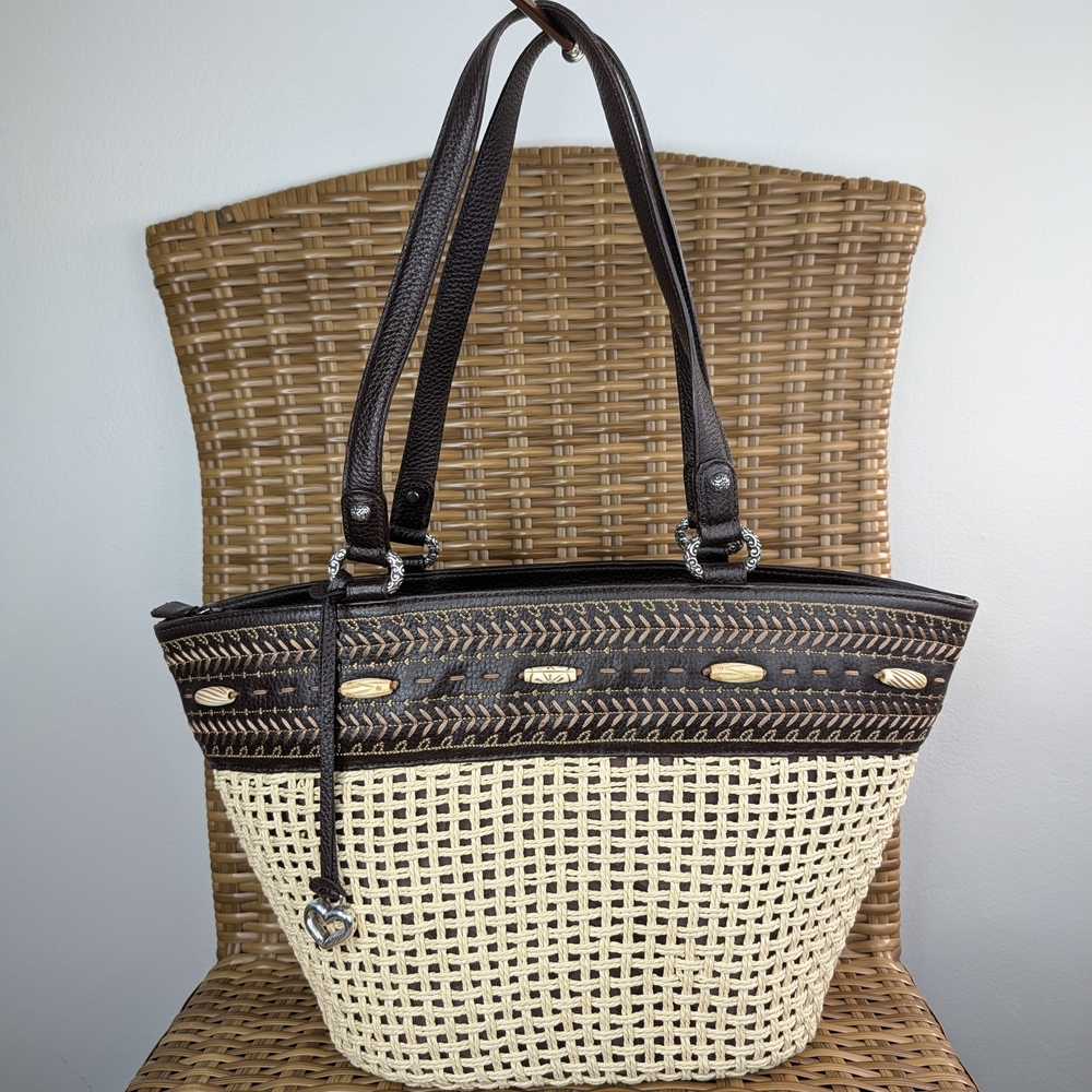 Brighton Straw Leather Shoulder Bag Handbag Tote Beaded Seam-Work Accents Heart